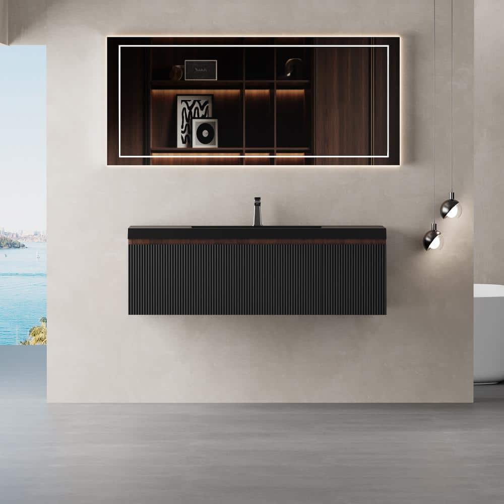 48 in. Wall-Mounted Bath Vanity Floating Bathroom Storage Cabinet in Smoked Walnut with Black Quartz Sand Top price history on PriceWatchPro