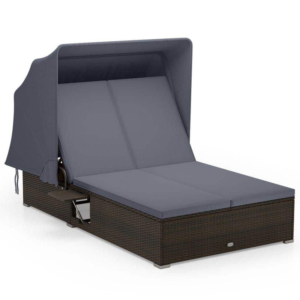 Wicker Outdoor Patio Double Chaise Lounge with Gray Cushions and Folding Side Trays price history on PriceWatchPro