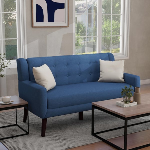 Uixe 62.99 in. W Modern Blue Straight Arm Linen Upholstered Button 2-Seater Loveseat with 2-Pillows