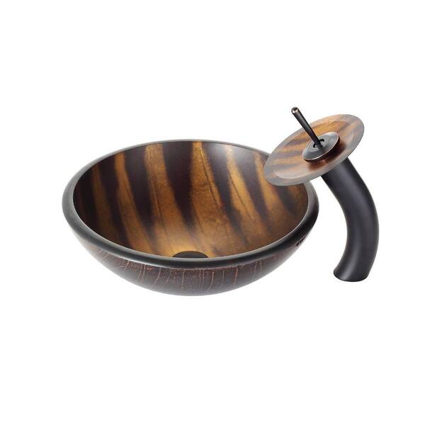 KRAUS Bastet Glass Vessel Sink in Brown with Waterfall Faucet in Oil Rubbed Bronze