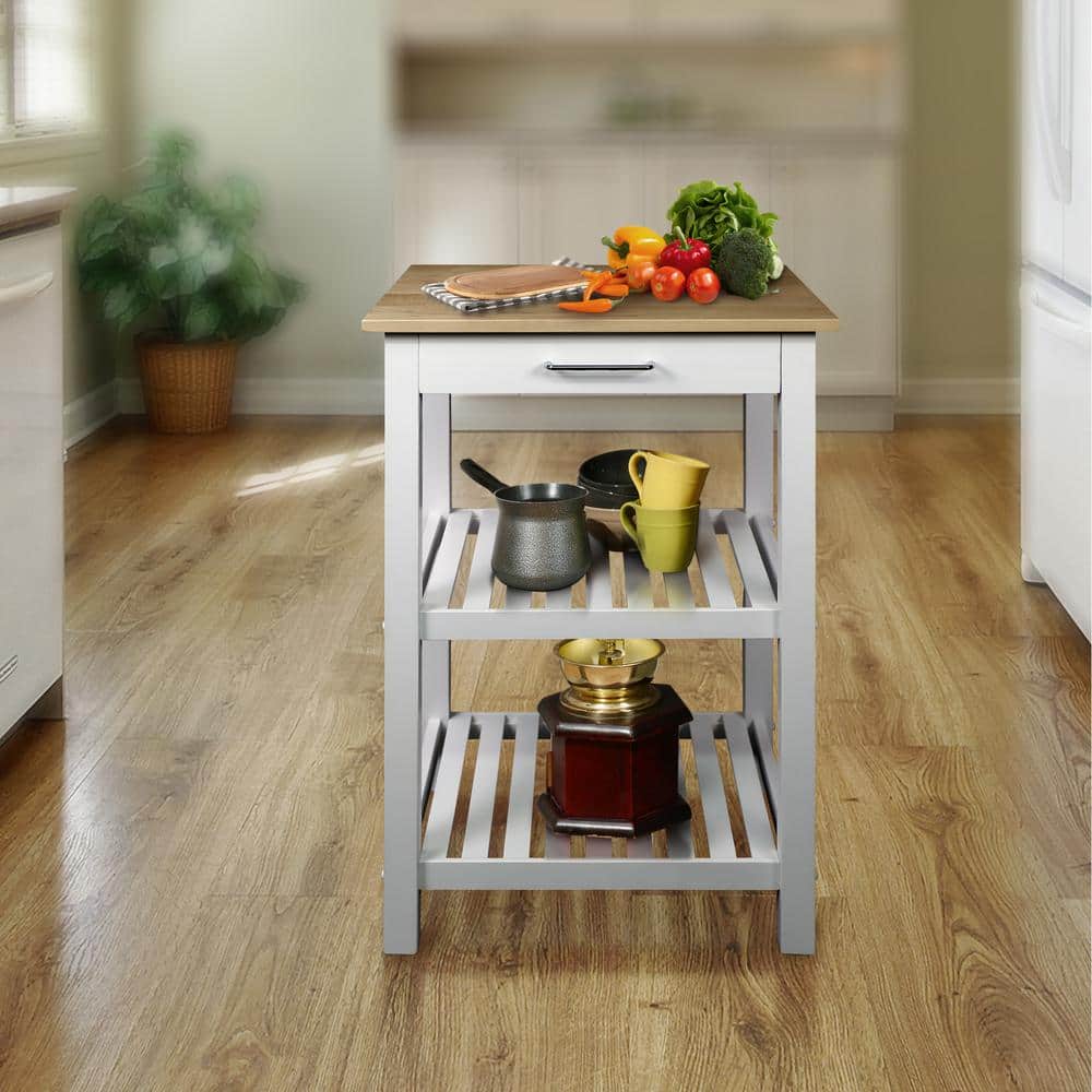 White Kitchen Island with American Hardwood Top and Shelves
