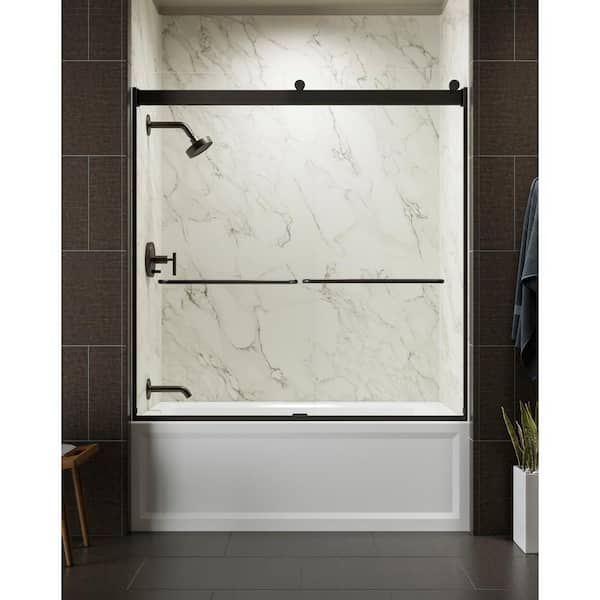 KOHLER Levity 56-60 in. W x 62 in. H Frameless Sliding Tub Door with Handles in Anodized Dark Bronze