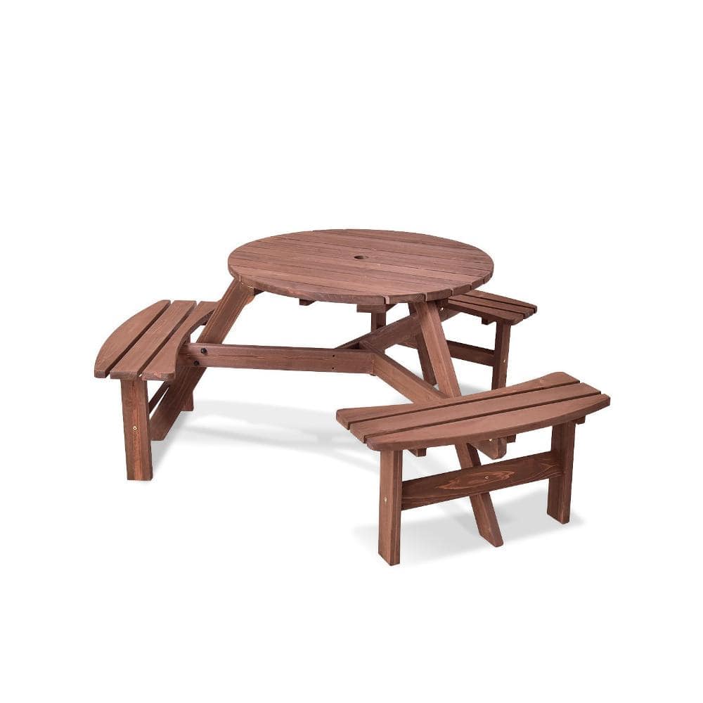 66.9 in. Round Fir Wood Picnic Table with 3 Benches and Umbrella Hole, Dark Brown price history on PriceWatchPro