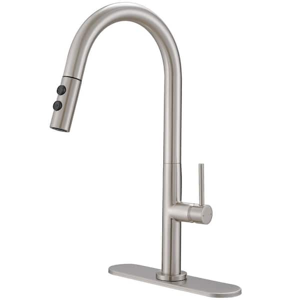 Single Handle Pull-Down Sprayer Kitchen Faucet with Deck Plate in Brushed Nickel