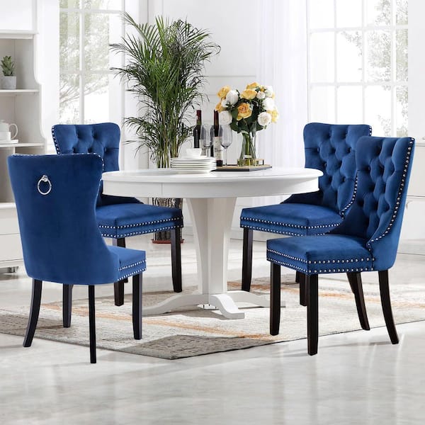 SMUGDESK Blue Velvet Upholstered Dining Chair Set of 4, Wing Back Parsons Chair with Nailhead Trim and Soild Wood Legs