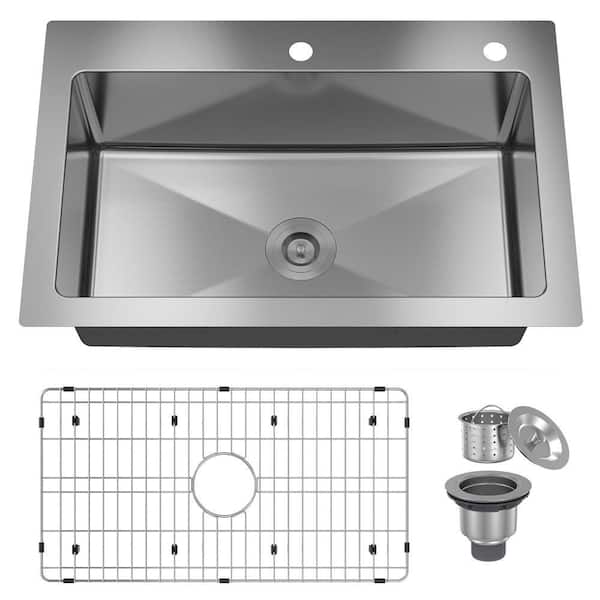 33 in. Drop-in Single Bowl 18-Gauge Brushed Stainless Steel Kitchen Sink with 2 Faucet Holes, Strainer Basket