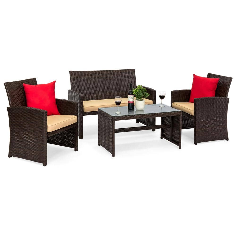 4-Piece Brown Wicker Patio Conversation Set with Beige Cushions and Glass Table