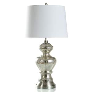 33 in. Silver Mercury, Brushed Steel Table Lamp with White Linen Shade