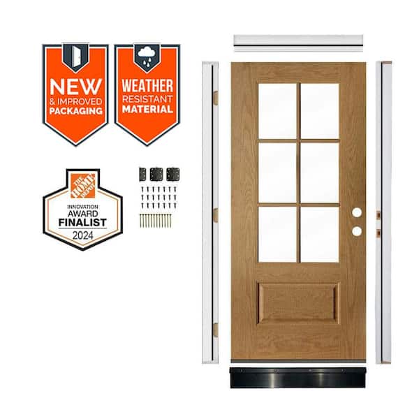 Krosswood Doors DIY 36 in. x 79 in. Clear Glass Left-Hand Stained Wood-Like Fiberglass Front Door Kit w/ Quick Assemble Jamb