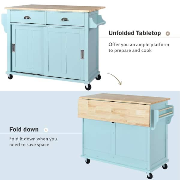 Mint Green Rubber Wood Top 52.2 in. W Kitchen Island on 4-Wheels with Sliding Barn Door and 2-Drawers