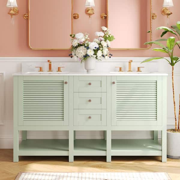 DEERVALLEY 60 in. Double Sink Freestanding Light Green Wood Bath Vanity with White Engineered Marble Top (Assembled)