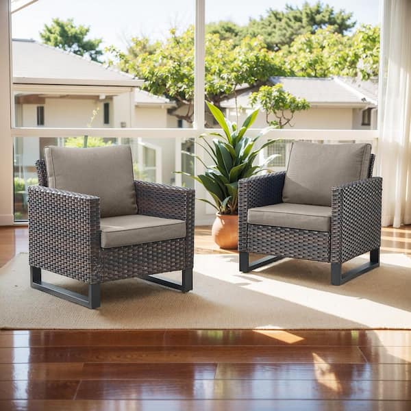 Opohoro U-Weave Metal and Brown Wicker Outdoor Lounge Chair with Olefin Gray Cushions (2-Pack)
