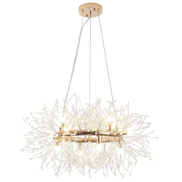 12 Light Gold Dimmable Modern Crystal Round Dandelion Chandelier for Dining Room with No Bulbs Included