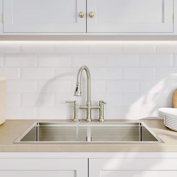 Double Handle Bridge Pull-Down Kitchen Faucet with 3-Function Spray head in Brushed Nickel