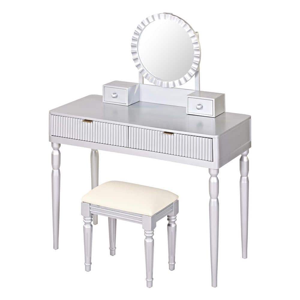 codman silver dressing table and stool 43" Mirrored Dressing Table Set with Tri-Fold Mirror & Stool, Silver - Bed Bath & Beyond