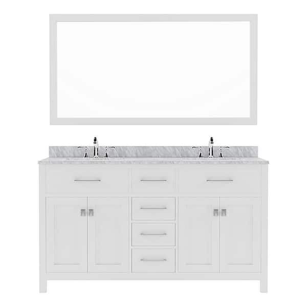 Virtu USA Caroline 60 in. W Bath Vanity in White with Italian Carrara White Marble Vanity Top with White Basins and Mirror