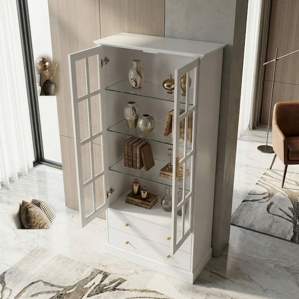 FUFU&GAGA White Wooden Storage Cabinet Cupboard with Tempered