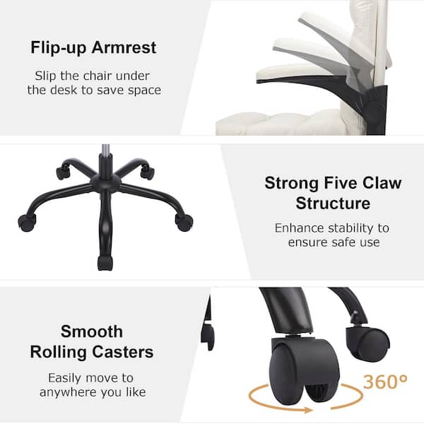Office Chair Faux Leather Swivel Ergonomic Task Chair in White with Flip-up Armrest and Thickened Cushion