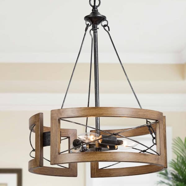 LNC Gina Rustic Chandelier 3-Light Candlestick Drum Island Cage Faux Wood Accent Pendant Chandelier for Kitchen Dining Room