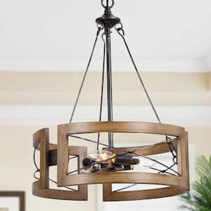 Gina Rustic Chandelier 3-Light Candlestick Drum Island Cage Faux Wood Accent Pendant Chandelier for Kitchen Dining Room
