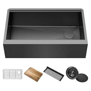 Kore 16-Gauge Black Stainless Steel 33 in. Single Bowl Flat Farmhouse Apron Workstation Kitchen Sink with Accessories