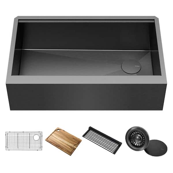 KRAUS Kore 33 in. Farmhouse/Apron-Front Single Bowl 16 Gauge Black Stainless Steel Kitchen Workstation Sink with Accessories