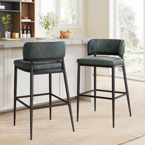 Redford Modern 30 in. Dark Teal Low Back Metal Frame and Leathaire Fabric Upholstered Barstool (Set of 2)
