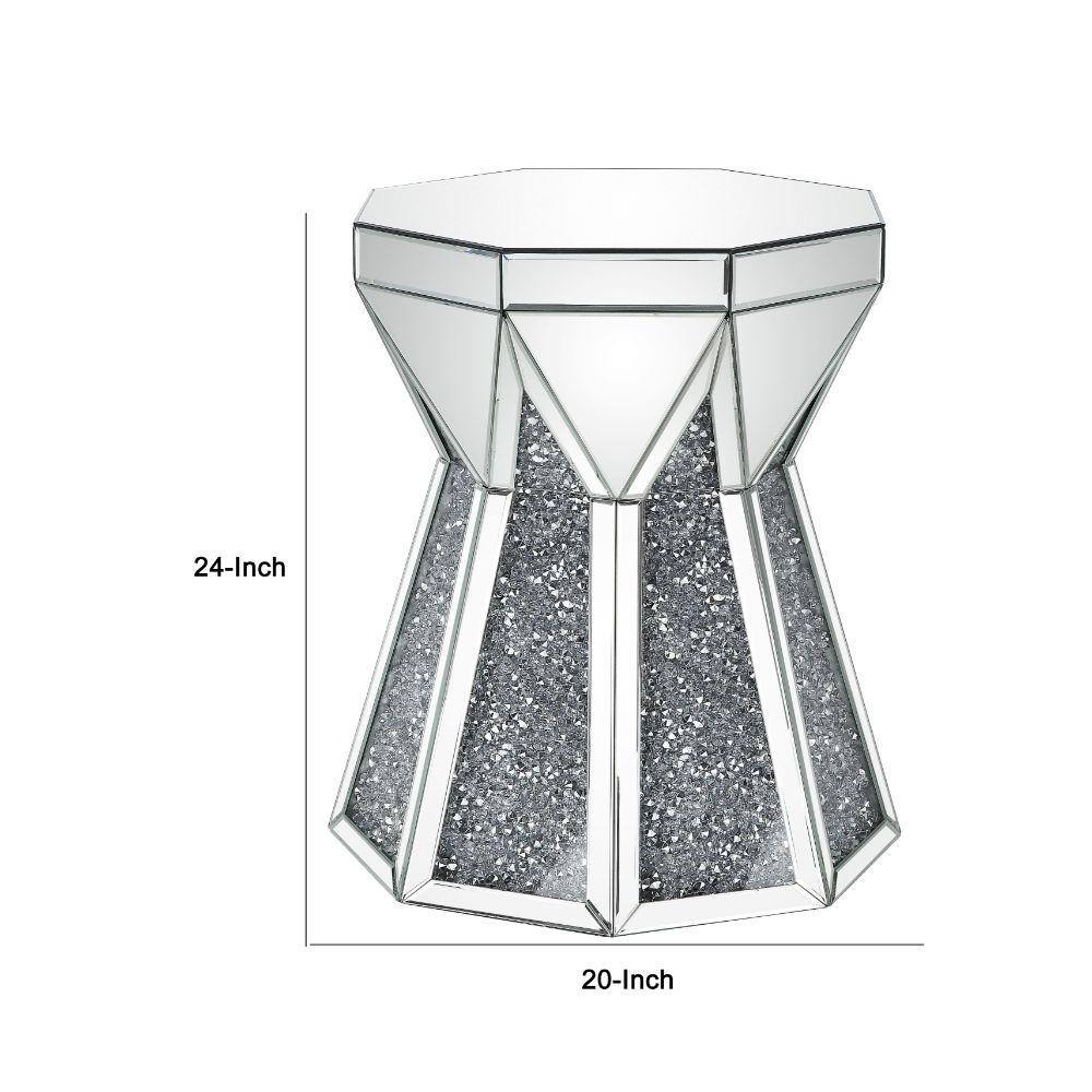Faceted Round Mirrored Wood End Table with Faux Diamonds - Silver