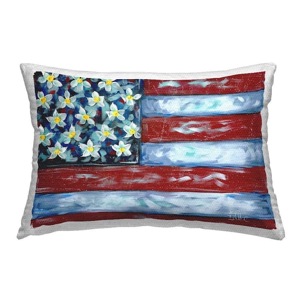 Flower Stars and Stripes Flag Red Rectangular Outdoor Throw Pillow