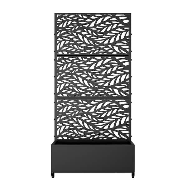 Lirago 72 in. H x 35 in. W Rectanglar Black Outdoor Metal Privacy Screen Planter Box Wall Decor in Leaf Pattern