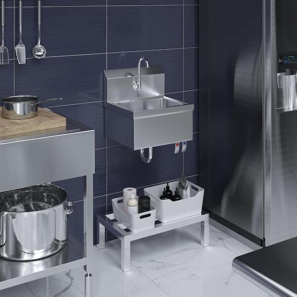 17 in. x 15 in. Wall Mounted Stainless Steel 1 - Basin Hands Free Sink with Double Knee Valves and Faucet
