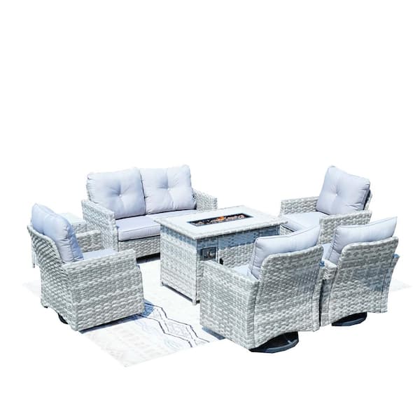 moda furnishings Oliver 7-Piece Wicker Patio Conversation Set with Gray Cushions