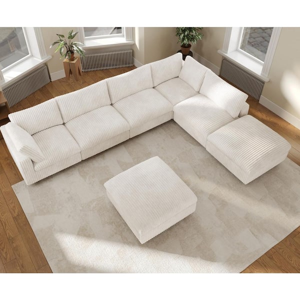 J&E Home 157.5 in. Square Arm 7-piece Rabbit Velvet Plush L-Shaped Living Room Sectional Sofa with Removable Cover in White