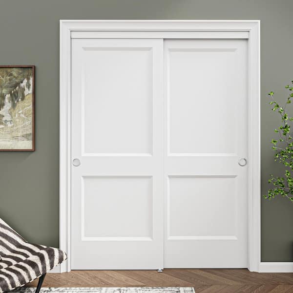 60 in. x 80 in. Paneled 2-Lite White Primed MDF Composite Sliding Door with Hardware