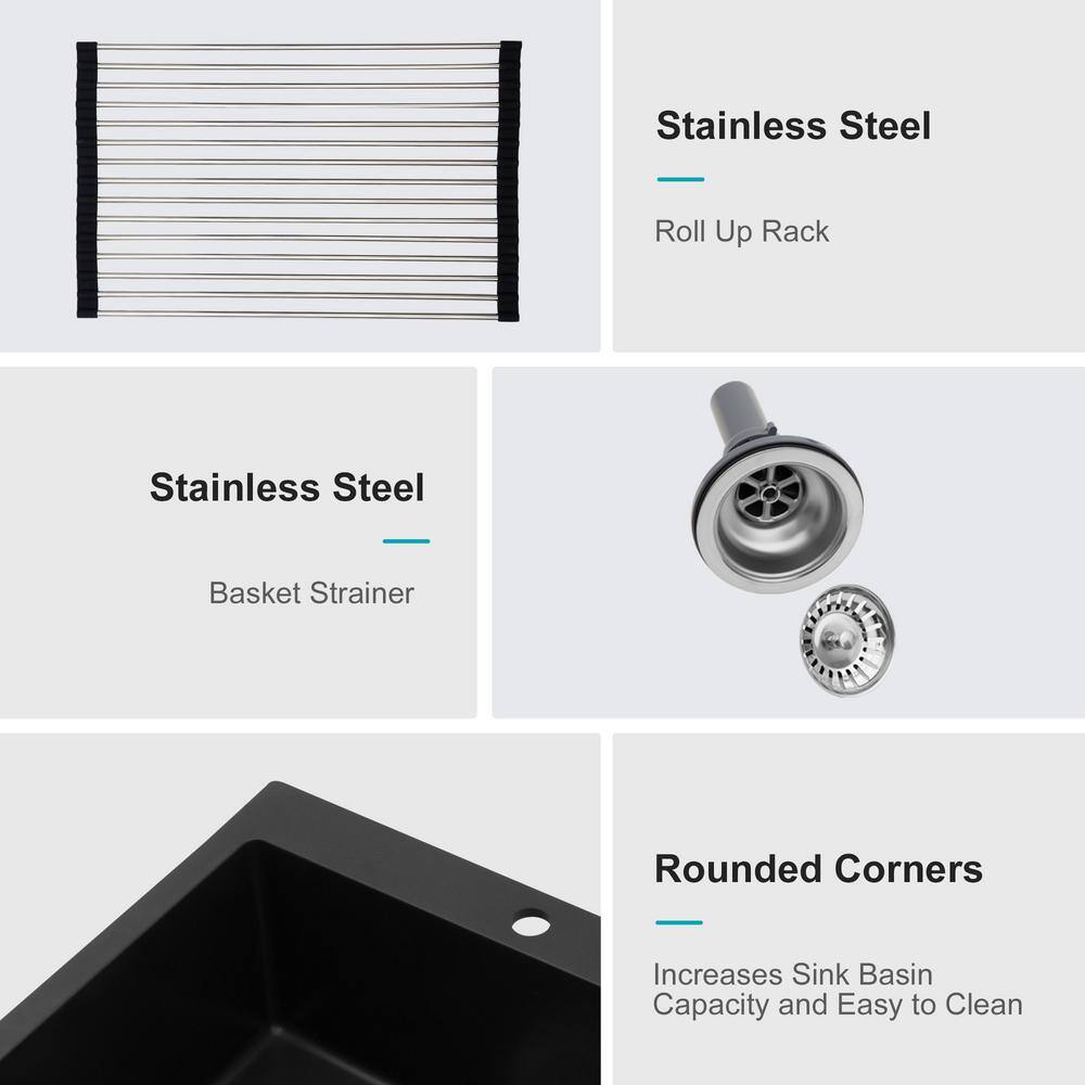 33 in. Black Quartz Composite Single Bowl Drop-in Kitchen Sink with Accessories