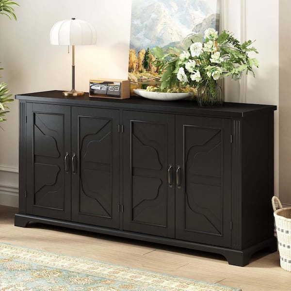 Unbranded Black MDF 62.8 in. American Country Style Sideboard 4-Door Buffet Cabinet Console Cabinet with Large Storage Space