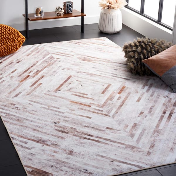 Faux Hide Beige/Brown 4 ft. x 4 ft. Machine Washable Diamond Geometric Square Area Rug