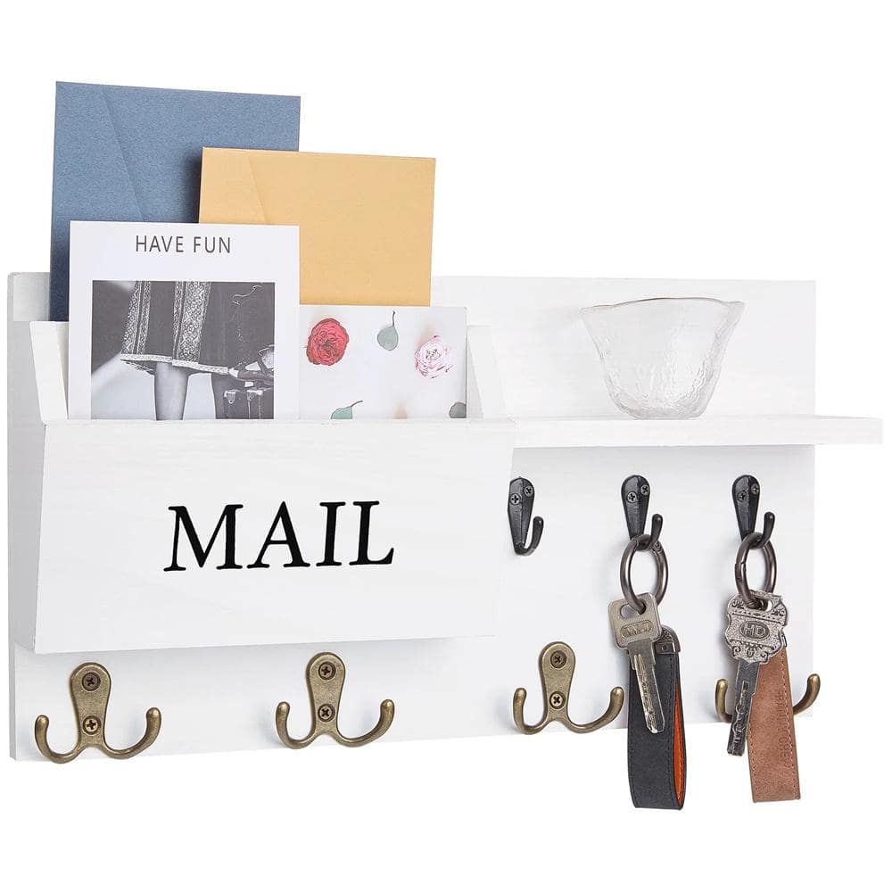 14.96 in. W x 3.15 in. D White Decorative Wall Shelf, Key Holder Mail Organ