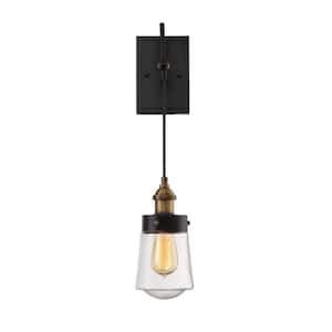 Macauley 4.75 in. W x 20 in. H 1-Light Vintage Black with Warm Brass Accents Hanging Wall Sconce with Clear Glass Shade