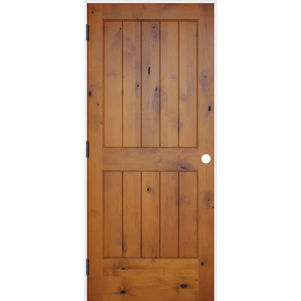 Pacific Entries 18 in. x 80 in. Rustic Prefinished 2-Panel V-Groove Solid Core Wood Single Prehung Interior Door with Prime Jamb