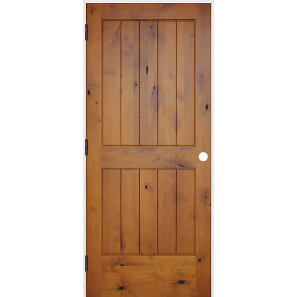 Pacific Entries 36 in. x 80 in. Rustic Prefinished 2-Panel V-Groove Solid Core Knotty Alder Single Prehung Interior Door w/ Primed Jamb