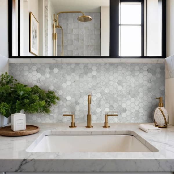 Carrara White 2 in. Hexagon 12 in. x 12 in. x 0.31 in. Honed Marble Mesh-Mounted Mosaic Tile (9.8 sq. ft./case)