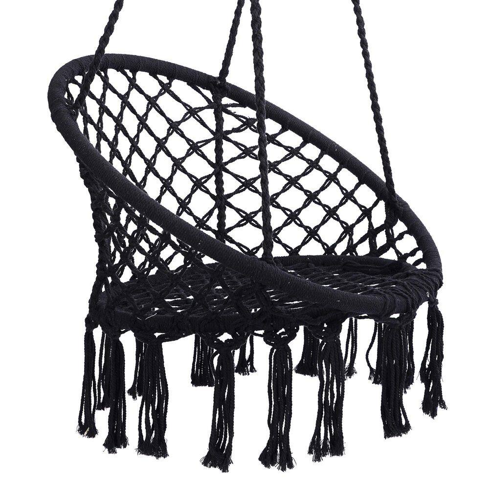Black cotton rope hammock swing chair with macrame netting.