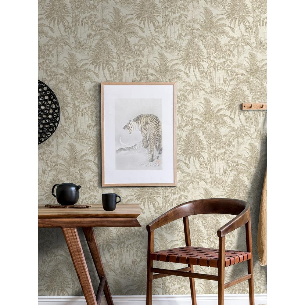Neutral Gold Palm Trees and Monkeys Vinyl Wallpaper