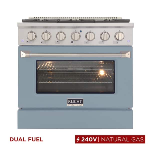 36 in. 5.2 cu. ft. 6-Burners Dual Fuel Range Natural Gas in Stainless Steel, Light Blue Oven Door with Convection Oven