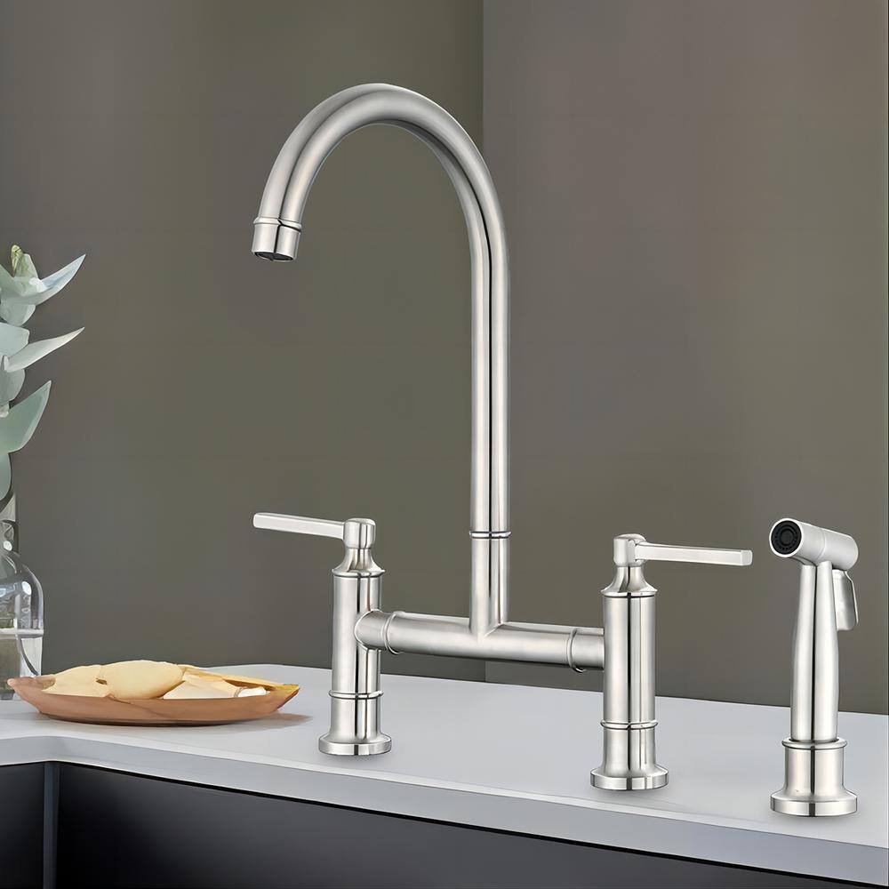 Brushed Nickel Double Handle Bridge Kitchen Faucet with Side Spray