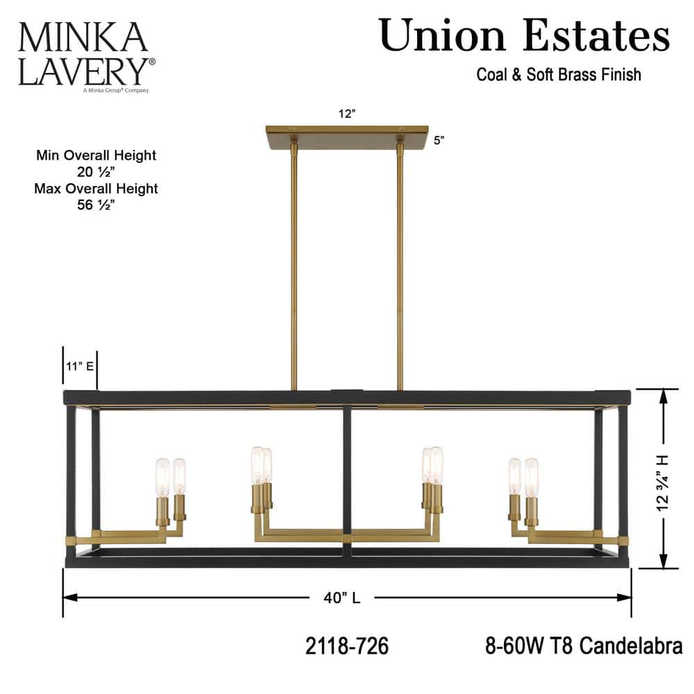 Coal & Soft Brass 8-Light Rectangular Island Pendant