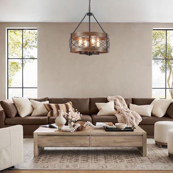 4 light 17.71" Dimmable Black/Brown Farmhouse Drum Chandelier Metal Cage for Kitchen Island with no bulbs included