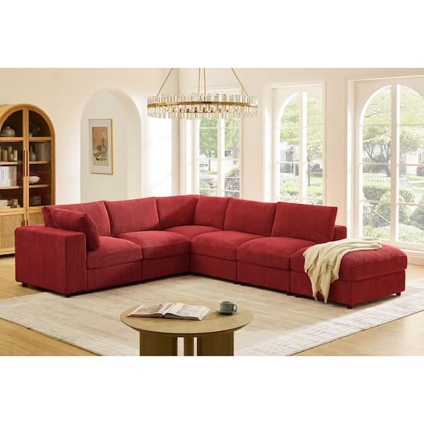 Liam Modern 122 in. Square Arm 6-Piece Corduroy Modular Sectional Sofa in Red with Ottoman, Reversible