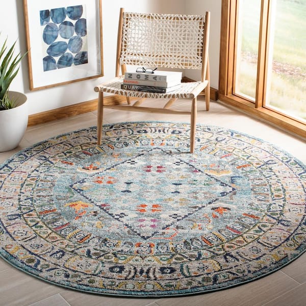 Monaco Blue/Light Gray 9 ft. x 9 ft. Round Border Area Rug